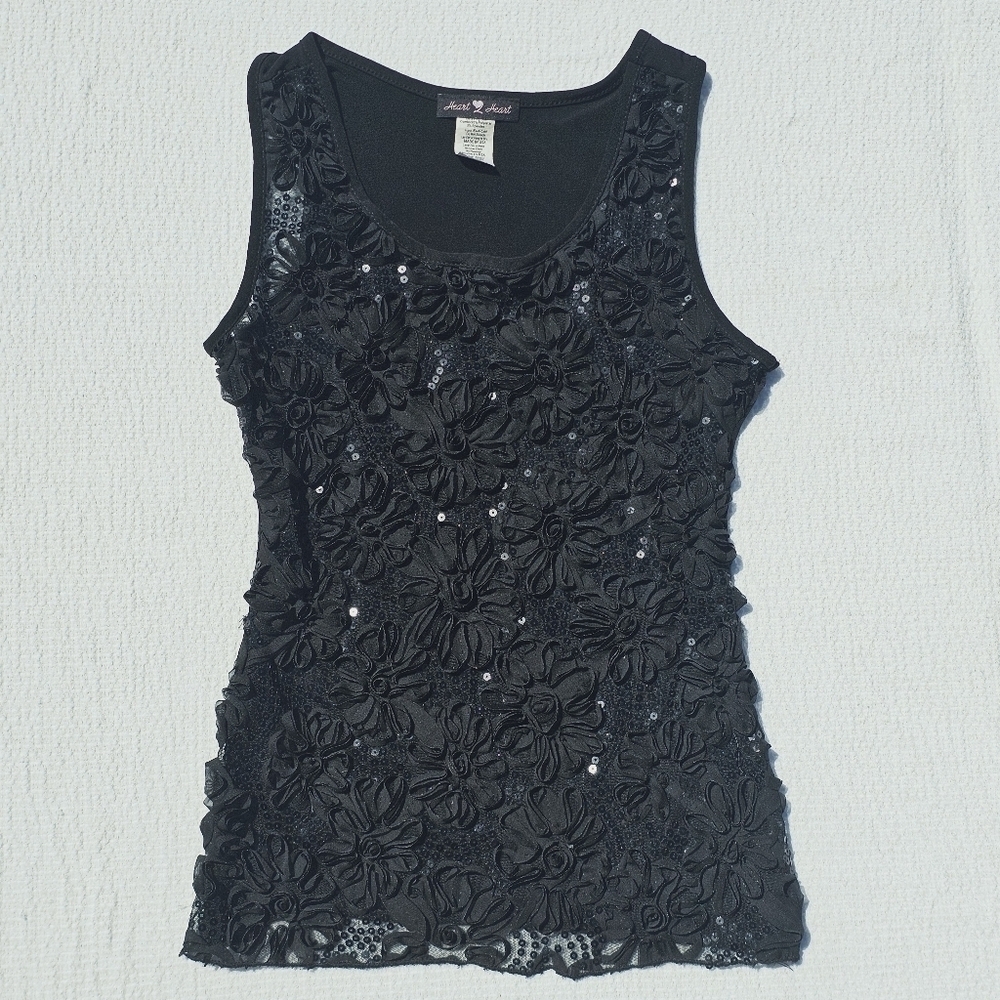 Heart 2 heart black sleeveless floral texture with sequins tank top size small